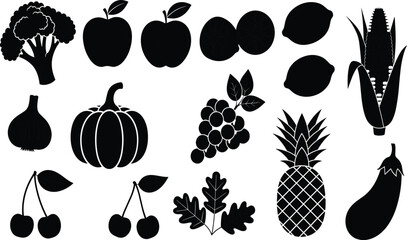Fruit and vegetable silhouettes collection, healthy food vector illustration, black botanical outlines, organic diet design, nutrition theme artwork, decorative stock graphic