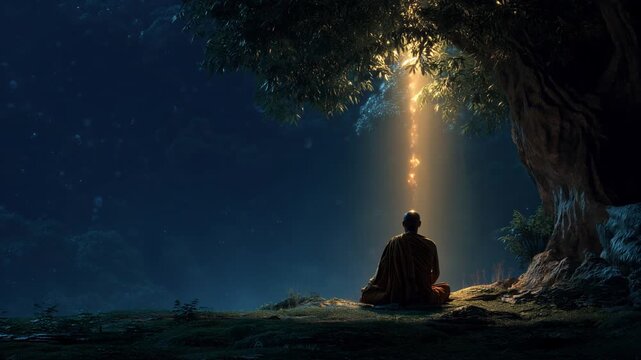 buddhist monk sitting in deep meditation beneath a large fig tree at night, as a golden beam of light shining down onto his head. enlightenment crown chakra awakening nirvana cosmic light transcendent