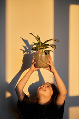 Girl holding houseplant in golden hour light