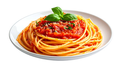A white plate holds spaghetti noodles, tomato sauce, basil, and a sprinkle of cheese