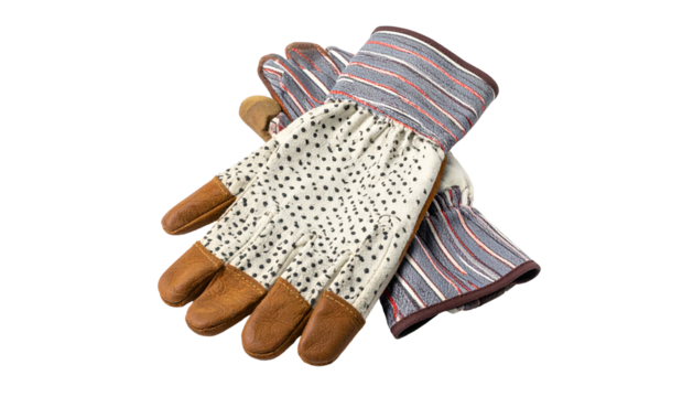 A pair of gardening gloves with leather palms, patterned fabric, and striped cuffs