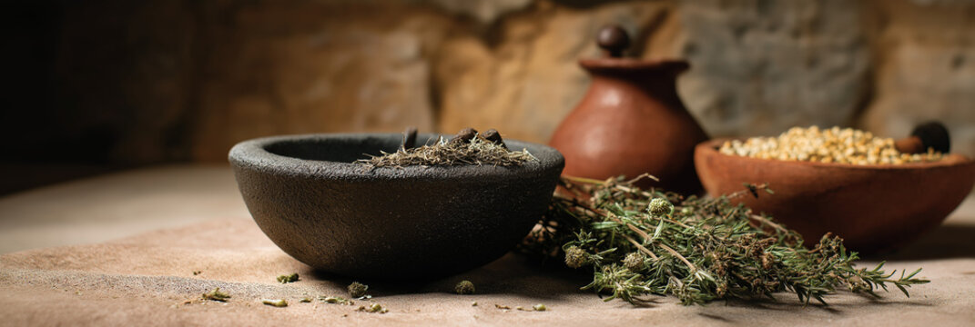 An artistic arrangement of dried herbs in rustic clay bowls, representing traditional culinary practices and the rich flavors that nature offers for cooking.