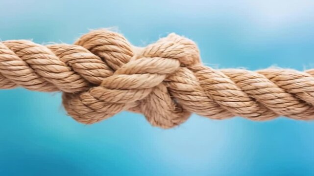Braided rope with secure knot on blurred blue background