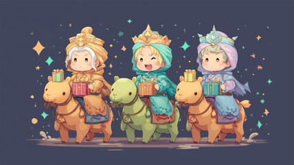 Adorable chibi-style Three Wise Men riding camels with gifts, festive Epiphany vector illustration perfect for Christmas cards, religious education, and joyful holiday presentations