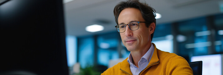 A focused man in a cozy sweater working at a computer, reflecting dedication, professionalism, and the modern workspace's essence in our digital age.