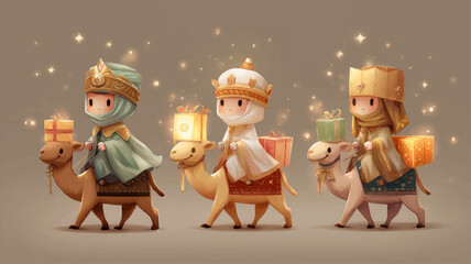 Adorable chibi-style Three Wise Men riding camels with gifts, festive Epiphany vector illustration perfect for Christmas cards, religious education, and joyful holiday presentations