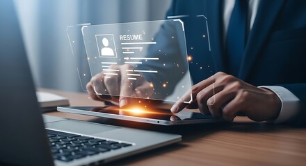 Businessman interacting with futuristic holographic interface displaying financial data and charts on a modern desk with laptop