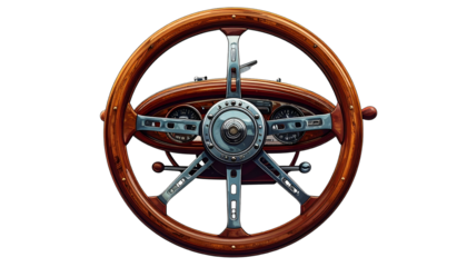 Classic car steering wheel with wooden rim, chrome spokes, and detailed dashboard