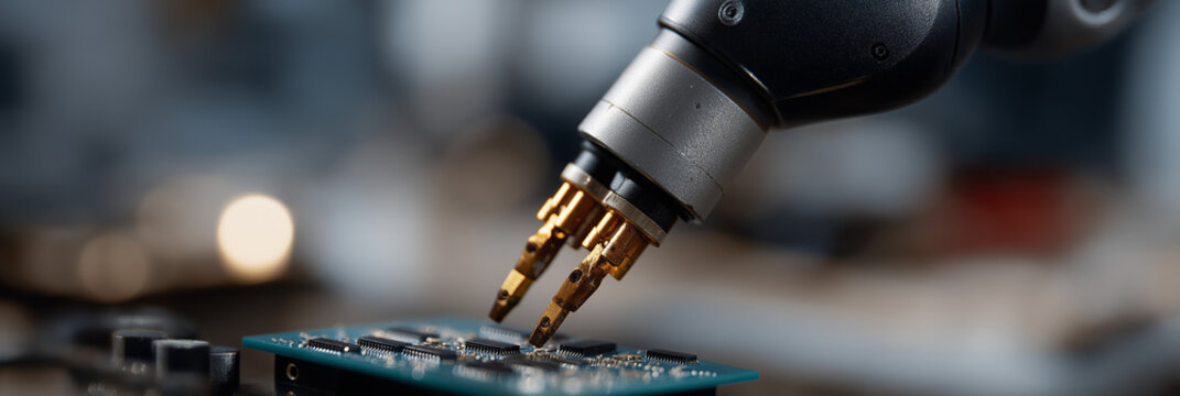 A robotic arm delicately handles a circuit board in a high-tech environment, showcasing the fusion of technology and precision engineering in modern electronics manufacturing processes.