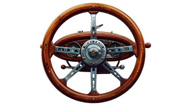Classic car steering wheel with wooden rim, chrome spokes, and detailed dashboard
