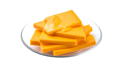 Stack of vibrant orange, pre-sliced cheese on a transparent plate. Liquid cheese is melting