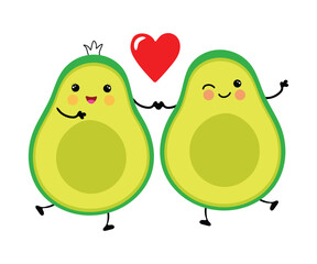 Two Happy Avocados in Love Standing Together With Red Heart