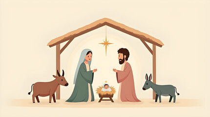 Minimalist nordic calm style Christmas nativity illustration with Baby Jesus in the manger, Mary, Joseph, ox and donkey under the stable roof, glowing Bethlehem star and serene festive atmosphere