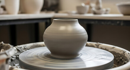 A grey clay pot being formed on a pottery wheel in a studio with other pots in the background