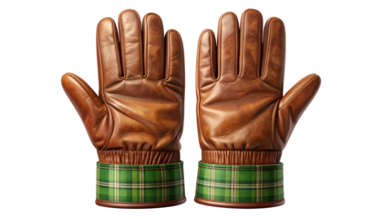 Brown leather gloves with green plaid cuffs, presented against a black background