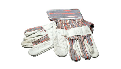 A pair of work gloves with a light grey base, reinforced leather palms, and striped cuffs
