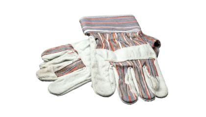 A pair of work gloves with a light grey base, reinforced leather palms, and striped cuffs