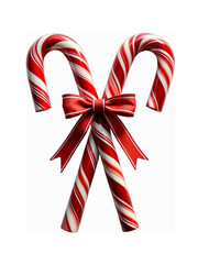 Two glossy red and white striped candy canes cross and tie with a satin red bow on a solid black backdrop, minimal and symmetrical with dramatic studio lighting.