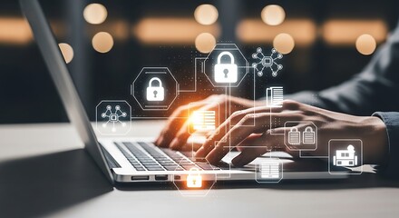 Close up of hands typing on a laptop keyboard with digital security icons and network connections overlayed
