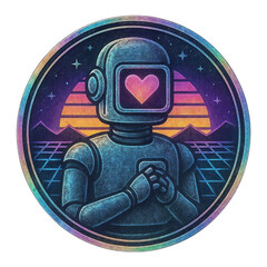 A coin like design shows a retro robot with a glowing heart visor, hands clasped, set against neon bands, mountains, and grid horizon, rendered in iridescent gradients.