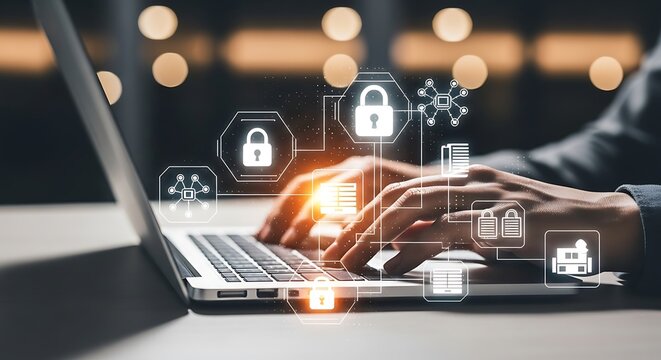 Close up of hands typing on a laptop keyboard with digital security icons and network connections overlayed