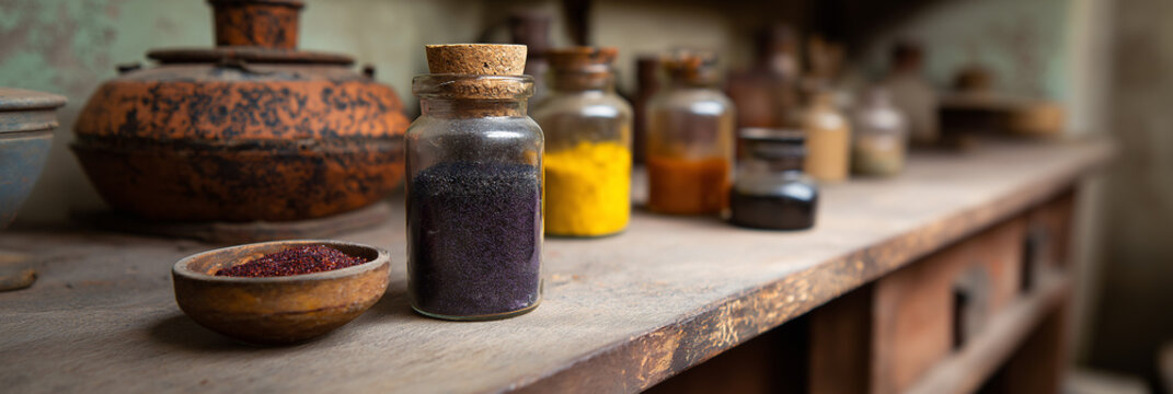 An artistic arrangement of bottles filled with colorful spices on an old wooden shelf, evoking a sense of nostalgia and creativity in culinary arts.
