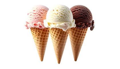 Three colorful ice cream cones, each with a different flavor, isolated on black