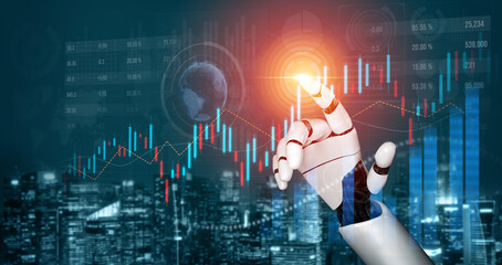 A robotic hand engages with a glowing interface displaying financial charts and cityscape, showcasing the intersection of technology and finance in modern business. Scalp