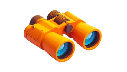 A stylized, cartoon-like rendering of bright orange binoculars, presented on a black background