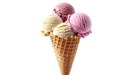 Colorful scoops of frozen dessert in a crispy cone against a plain black background