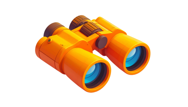 A stylized, cartoon-like rendering of bright orange binoculars, presented on a black background - Powered by Adobe