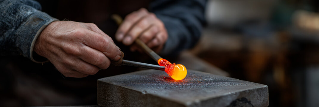 An artisan skillfully shapes molten glass with precision, showcasing the intricate process of glassblowing and the vibrant colors produced during crafting.