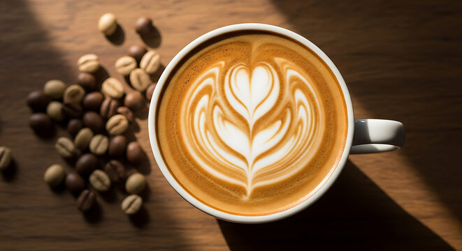 Aerial view of latte art in a white cup with coffee beans scattered on a wooden surface in sunlight
