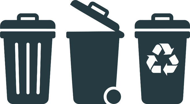 A collection of flat vector icons representing waste management, including a trash can, a wheeled garbage bin, and a container for recycling