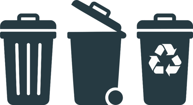 A collection of flat vector icons representing waste management, including a trash can, a wheeled garbage bin, and a container for recycling - Powered by Adobe
