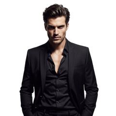 Fototapeta premium Striking portrait of a handsome man in a black suit with open collar shirt isolated on transparent background