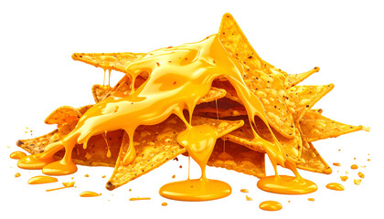Stack of seasoned chips with melted orange cheese sauce cascading down, black backdrop