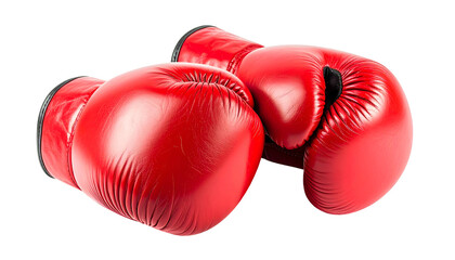 Two vibrant red leather boxing gloves resting on a surface, isolated on black