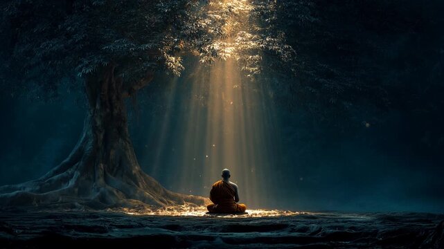 buddhist monk sitting in deep meditation beneath a large fig tree at night, as a golden beam of light shining down onto his head. enlightenment crown chakra awakening nirvana cosmic light transcendent