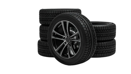 Stacked black rubber tires with grey alloy rims on a black background