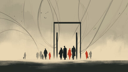 Minimalist silhouettes walking through abstract memorial structure in soft light, symbolic conceptual illustration for International Holocaust Remembrance Day, memory, reflection, and human dignity aw