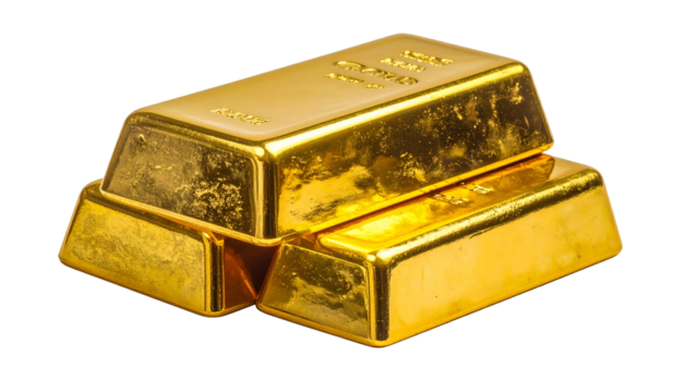 Three golden bars, stacked, with reflective surfaces against a black background