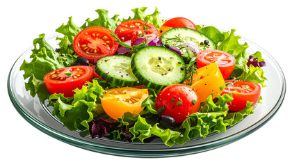 A vibrant, fresh salad with tomatoes, cucumbers, and greens served on a glass plate