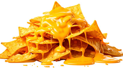 Golden tortilla chips piled high with generous, flowing, and melted cheesy goodness