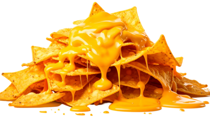 Golden tortilla chips piled high with generous, flowing, and melted cheesy goodness