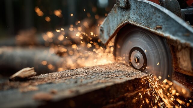 Sparks illuminate the scene as a saw cuts through a wooden log in a serene forest.