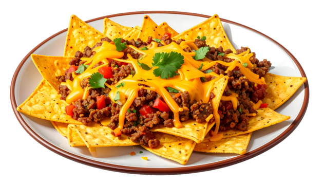 A plate of nachos, layered with meat, cheese, peppers, and cilantro