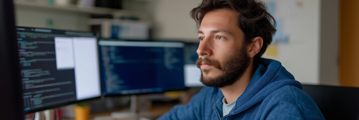 A focused male programmer in a hoodie is seen contemplating while working at multiple computer monitors, emphasizing the dedication and serious thought required in software development.