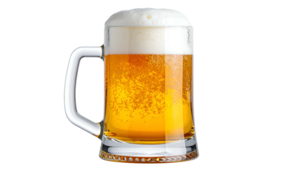 Clear glass mug filled with golden lager, topped with a thick, frothy, white head