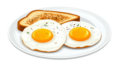 A white plate holds two sunny-side-up eggs and a slice of toast, a simple breakfast